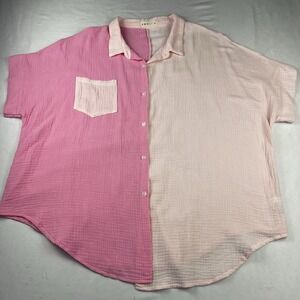 Amoli‎ Cotton Gauze Pink Colorblock Oversized Button Shirt Beachy Coverup Med